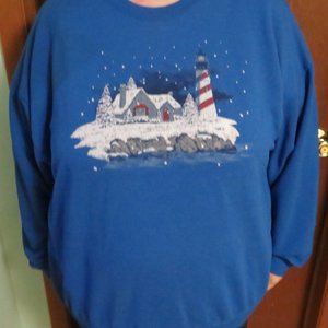 JERZEES Blue Sweat Shirt Light House Christmas 3XL